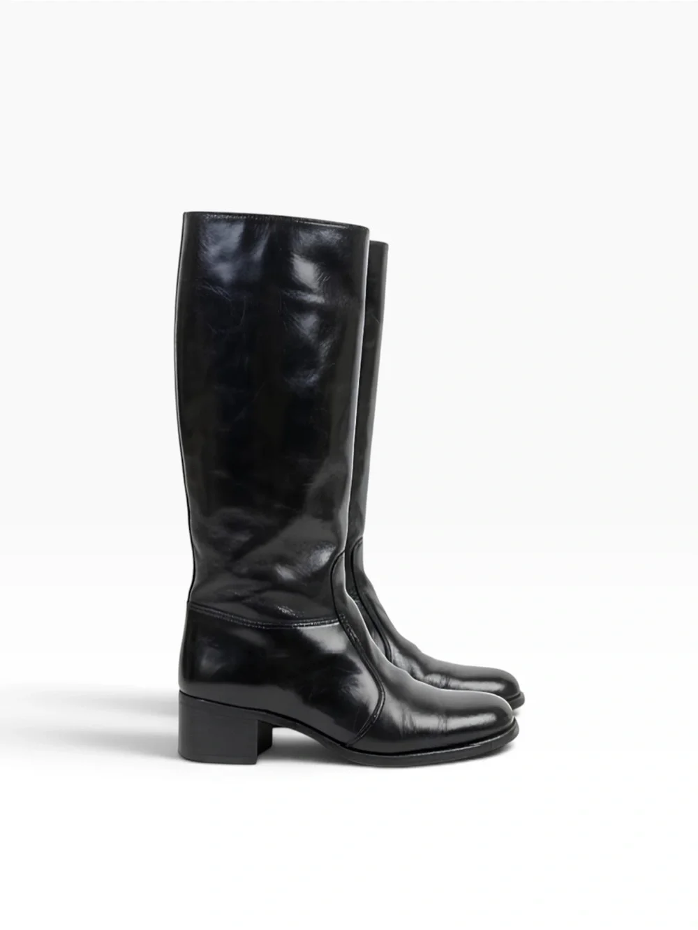 Black Leather Knee-High Block Heel Go-Go Riding Boots - 10B